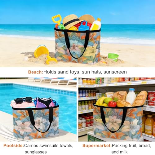 Lily Flower Mesh Beach Bag, White Orange Blooms Floral Watercolor Blue Large Tote Bag for Swim Pool Beach Travel