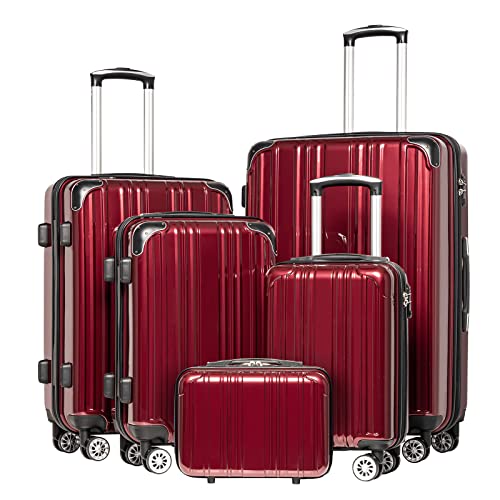 Coolife Luggage Sets, 5 Piece Durable Suitcase, Lightweight Carry on Luggage with PC+ABS Hardshell, Dual Spinner Wheels, TSA Lock and YKK Zipper(wine wind new, 5 piece set)