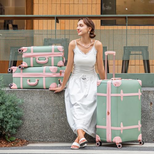 NZBZ Vintage Luggage Sets for Women Retro Suitcase Cute Vintage Expandable Luggage of 3 (Green with Pink, 20inch & 24inch & 28inch)