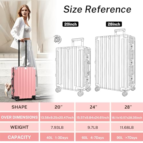 Krute Zipperless Luggage 24 Inch Aluminum Frame Suitcase with Spinner Wheels PC+ABS Hardide Checked Luggage TSA Approved No Zipper Travel Suitcase Pink