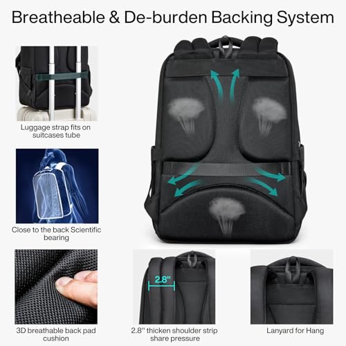 Hanke Expandable Travel Backpack 16 Inch, Full-Open Laptop Backpack Fits 15.6 Inch, Carry On Personal Item Bag with Luggage Strap, Business Work Backpack for Women Men, Black