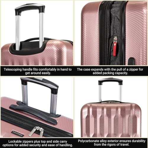 Ricardo Beverly Hills Lombard Hardside Carry-On Luggage – Expandable Travel Bag with 8-Spinner Dual Wheels & Telescoping Handle. 21-inch, Rose Gold