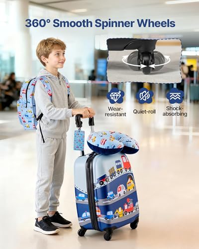 VEVOR Kids Luggage Set, 5 Piece, 18 Inch Hardside Rolling Wheels Suitcase with Backpack & U-shape Pillow, Truck Kids Carry on Luggage Set, Holiday Birthday Gift for Girls Boys, Airline Approved