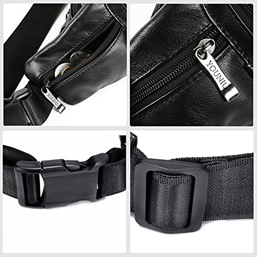 OrrinSports Black Leather Fanny Pack for Men & Women, Fashionable Multi-Pockets Waist Belt Bag for Travel Sports Hiking Cycling Fishing Running