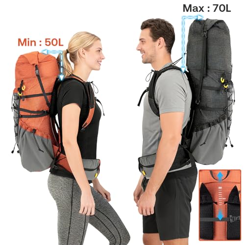 Night Cat Internal-frame Hiking Backpcack: 50L / 60L / 70L Roll Top Lightweight Travel Backpack with Rain Cover for Men Women Hiking Camping Backpacking Black