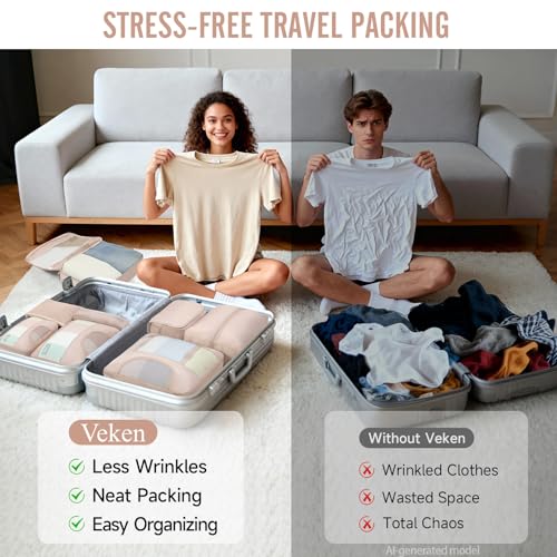 Veken 8 Set Packing Cubes for Cruise Ship Essentials,Beach Vacation Travel Accessories with Hanging Toiletry Bag,Suitcase Organizer for Luggage,Personalized Birthday & Retirement Gifts for Women Mom