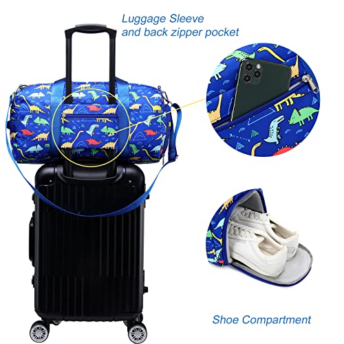 CAMTOP Kids Duffel Overnight Bag Boys Girls Toddler Weekender Carry-On Personalized Tote for Travel Gym Sport (Dinosaur-Dark Blue)