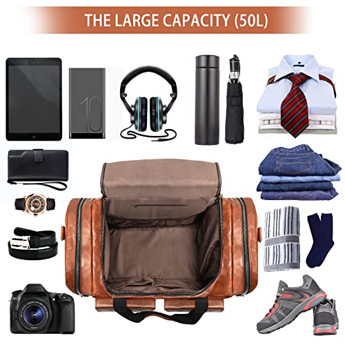 BOLOSTA Travel Duffel Bag for Men Women, Large PU Leather Carry on Duffle Bags for Traveling, Waterproof Overnight Weekender Duffel Bag with Shoe Compartment - Perfect for Daily Use/Birthday Gift