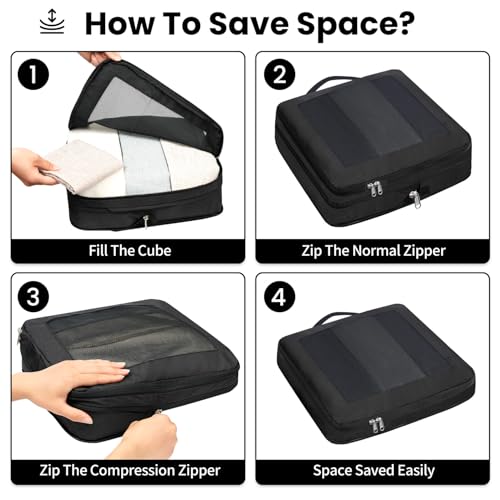 Prezon Compression Packing Cubes for Travel, Lightweight Vacation Travel Essentials, Travel Accessories for Suitcase Organizer Bags Set, Durable Luggage Organizer, 8 set, squre mesh, black