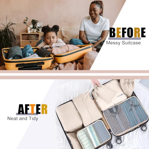 YEEYAA Packing Cubes for Travel- 8 Set Luggage Organizer Bags for Family, Mesh Breathable Travel Packing Cubes for Suitcases Durable Travel Essentials Bags Set (Beige, 8 Set)