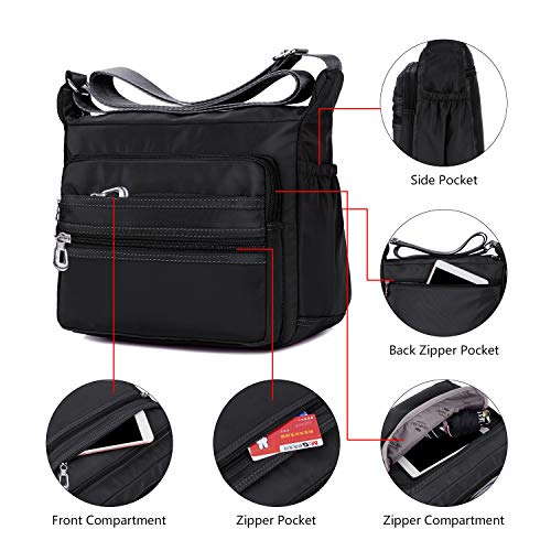NOTAG Crossbody Bag for Women Waterproof Shoulder Bag Messenger Handbags Casual Nylon Purse Handbag (Large, Black)