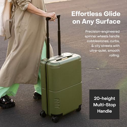 July Carry On with CaseSafe - 20" Built in Tracking, Airline Approved Carry On Luggage with Wheels, Travel Suitcase for Men & Women - Polycarbonate Shell, USB Ports & Ejectable Battery - Moss