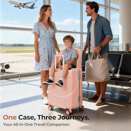 Lavoker 20" Ride-On Luggage with Child Seat, Hardside Carry-On Suitcase with Shockproof 360° Silent Spinner Wheels, TSA Lock, Kids & Adults & Busy Moms