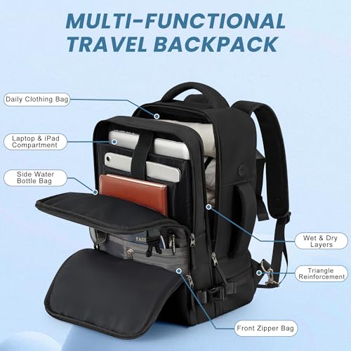 Sinaliy Travel Backpack for Men Women, Airline Approved Carry on Personal Item Bag, Waterproof 16 Inch Laptop Backpack for Work, College School Business, Convertible Travel Bag with Wet Pocket, Black