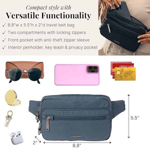 Baggallini Securtex Anti-theft Belt Bag 8.8"x5.5" Crossbody Fanny Pack for Women RFID Wallet Locking Zipper Travel Purse