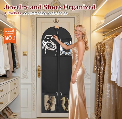 MISSLO 60" Dress Bags for Gowns Long with 4 Large Pockets Garment Bags for Travel for Women Heavy Duty Wedding Dress Bag for Hanging Clothes Garment Covers, Black