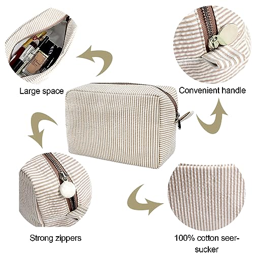 GFU Cosmetic Bags for Women, Seersucker Cosmetic Bag, Travel Toiletry Stripe Makeup Bag, Large Women Aesthetic Organizer Storage Pouch, Girls Handbags Purses, brown