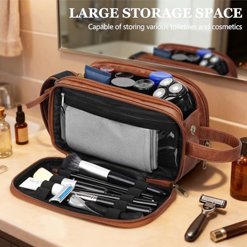 Personalized Toiletry Bag for Men,Engraved Mens Toiletry Travel Bag,Waterproof PU leather Toiletry Shaving Bag for Men Birthday Gift Ideas for Men Dad Husband Him,Anniversary Groomsmen Gifts Brown- M