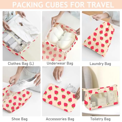 KPX 8 Set Packing Cubes for Travel, Luggage Packing Organizers Accessories Large Toiletries Bag for Clothes Shoes Cosmetics (Strawberry)