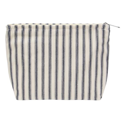 PAZIMIIK Makeup Bag Large Cotton Zipper Pouch for Purse Travel Canvas Make Up Organizer for Women Cosmetic,Vintage Stripe Navy Blue