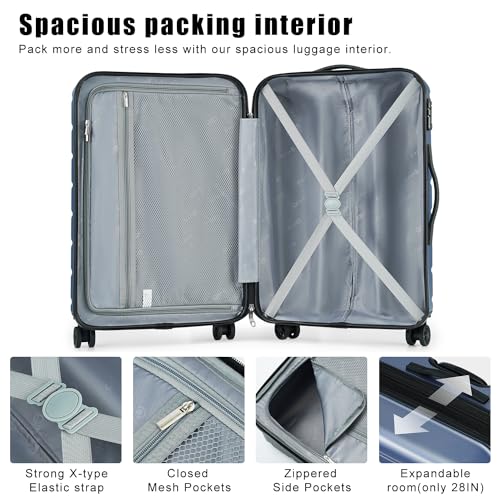 Coolife Luggage Suitcase Carry-on Spinner TSA Lock USB Port Expandable (only 28’’) Lightweight Hardside Luggage (Ice Blue, L(28in))