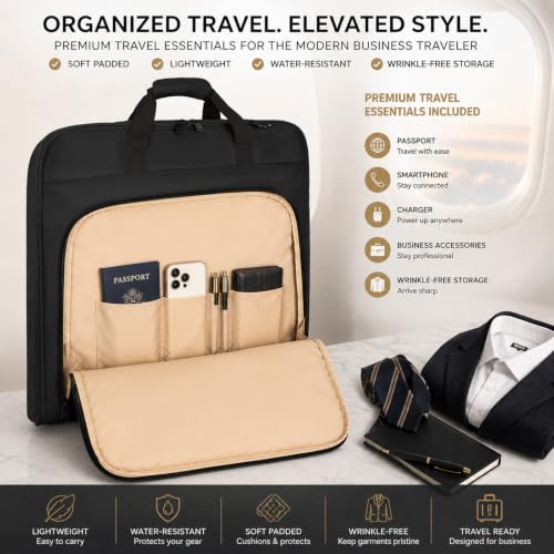 Travel Garment Bag for Women,Lightweight Puffy Carry on Garment Bag for Hanging Clothes,44.7'' Waterproof Travel Suit Bag with Shoulder Strap,2 in 1 Foldable Duffle Bag,Black