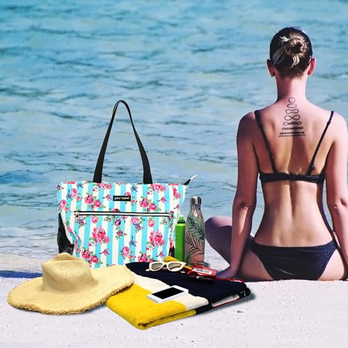 Betsey Johnson 15.6 Inch Zipper Beach Tote Bag Lightweight Large Durable Polyester with Mesh Side Pockets for Gym Work, Hummingbird Floral