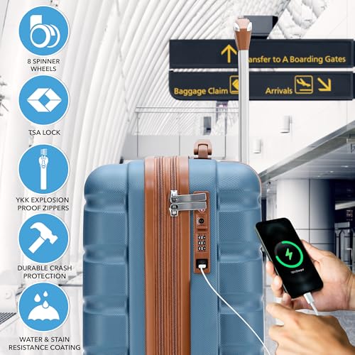 Flight Knight 21.5x15.5x9 Expandable Carry On Suitcase Hardside TSA Lock & USB C Port Lightweight Luggage Silent Double Spinner Wheels Maximum Canada Air Overhead Bag Airlines Approved Blue/Tan