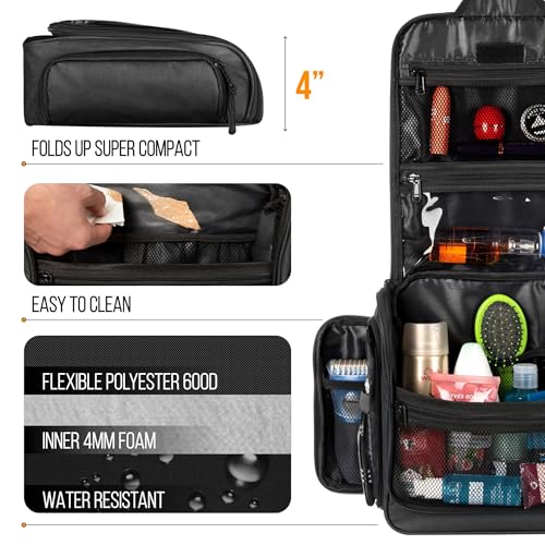 AvaJex Travel Toiletry Bag for Men - Large Dopp Kit (10.6"x10.6"x3.2") - Hanging Waterproof Mens Hygiene Organizer Bag with XXL Metal Swivel Hook, Sturdy Zippers and 19 Compartments for Toiletries