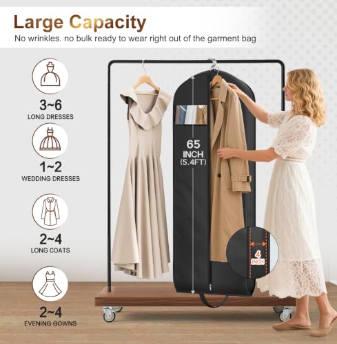 MISSLO 65" Long Garment Bags for Travel for Women 4" Gusseted Dress Bags for Gowns Waterproof Dress Protector Bag for Closet Storage Clothing Covers for Hanging Clothes Wedding Dresses Storage