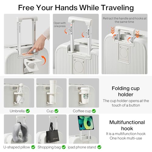 mixi Checked Luggage with Cup Phone Holder Hard Shell Rolling Travel Suitcase with Spinner Wheels,24 Inch Smoke White