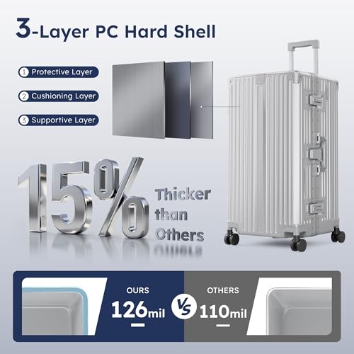 ALPHA CAMP Trunk Luggage, Large 28 Inch Thickened Aluminum Frame Luggage with TSA Spinner Wheels, 3-Layer PC Hardside Zipperless Travel Suitcase, Type-C USB Charging Port, Cup Holder,Silver