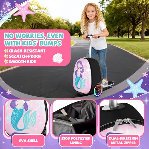 Baotree Scooter Suitcase for Kids, 2 in 1 Ride-on Luggage with Flash PU Wheels, Adjustable Handle & TPR Non-Slip Grip, Foldable & Lightweight, Ages 5-12
