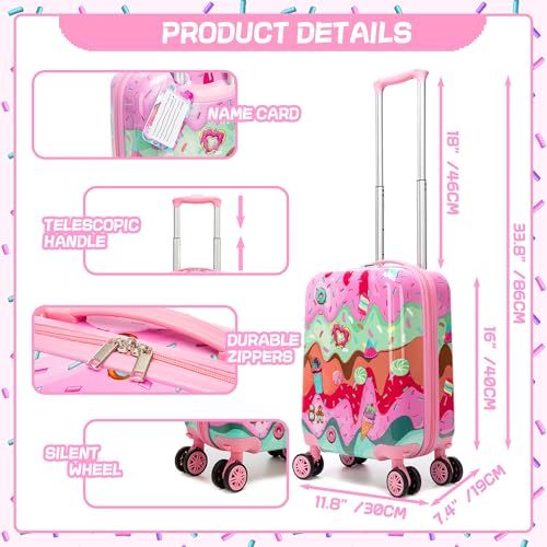 Inprof Cute Kid’s Luggage Set 5 Piece Suitcase Set 16’’ Hardside Luggage with Spinner Wheels Girls Carry on Toddler Travel Rolling Suitcase Carry on Luggage Airline Approved
