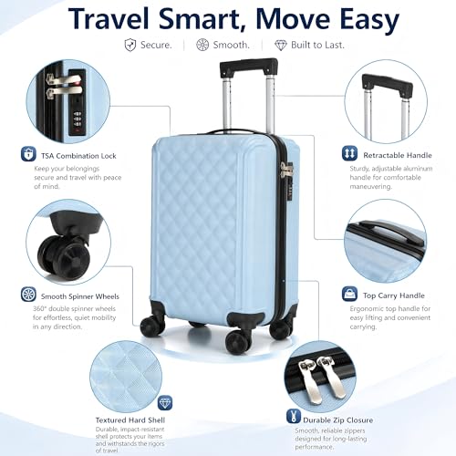 AGVOTK 20 Inch Carry On Luggage, Lightweight Hard Shell ABS Suitcase with TSA Lock and Double Spinner Wheels, Rolling Suitcase for Travel (LXG-Blue, 20" carry on)