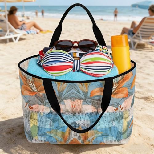 Lily Flower Mesh Beach Bag, White Orange Blooms Floral Watercolor Blue Large Tote Bag for Swim Pool Beach Travel