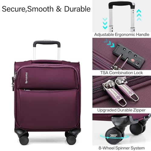 Hanke 16 Inch Underseat Carry On Luggage with Spinner Wheels Airline Approved, Small Rolling Suitcase Softside Underseater Lightweight TSA Travel Roller Suitcase Carry-On Bag(Purple)