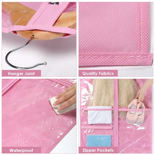 Univivi Dance Costume Bags Garment Bag 40 Inch Hanging Clothes for Dance Competitions, with 3 Medium Clear Zipper Pockets for Dance Costumes, Closet Storage (Pink) - 4 Pack