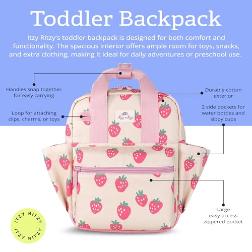 Itzy Ritzy Toddler Backpack - Daycare Bag - Features Adjustable Shoulder Straps, 2 Side Pockets & Spacious Interior with Wipeable Fabric Lining & Name Label, Strawberry Backpack