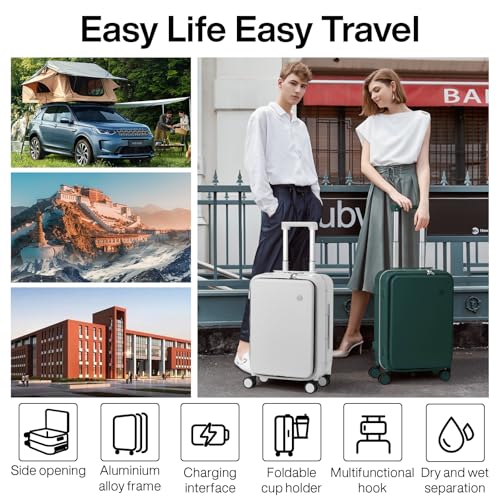 mixi Large Checked Luggage with Cup Phone Holder and Charger Hard Shell Suitcases with Spinner Wheels, 26 Inch Blackish Green