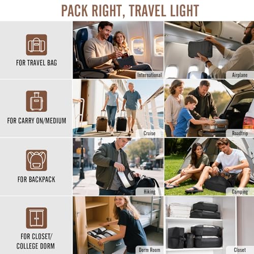 Veken 10 Set/8 Set Packing Cubes for Travel Essentials,Anti-Wrinkle Buckled Suitcase Organizer for Shoe & Toiletry Bag,Carry On Luggage Bag for Airplane & College Dorm Room Accessories,Women Men Gifts
