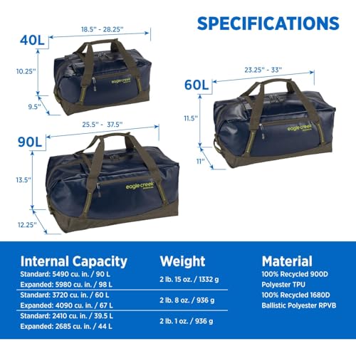 Eagle Creek Migrate 60L Duffel Bag – Lightweight, Durable Travel Duffel – Weather-Resistant Fabric – Comfortable Shoulder Straps - Rush Blue