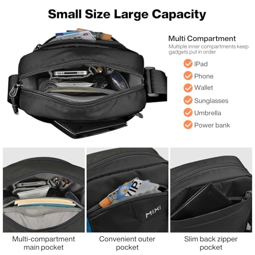 mixi Crossbody Sling Bag for Men Women Lightweight Water Resistant Casual Shoulder Bag for Daily Commute Travel Hiking Daypack, 11 inch Black Gray