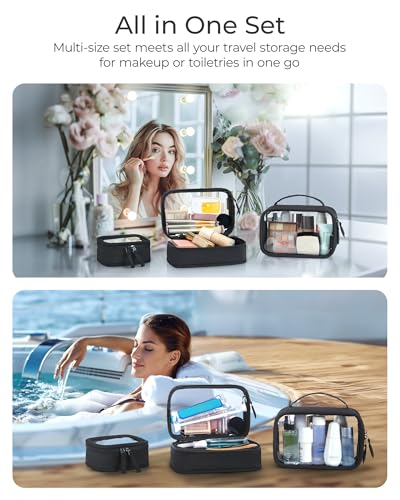 BAGSMART Mini Clear Makeup Bag for Women Portable Travel Toiletry Bag, Cute Small Water-ResistantCosmetic Bag TSA Approved Clear Makeup Case Pouch with Zipper for Car Essentials(Black)