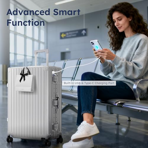 ALPHA CAMP 2 Piece Luggage Sets With Dual Layer Aluminum Frame, TSA Locks, 3-Layer PC 20" Carry-on 28" Checked Hardside Zipperless Travel Suitcase Sets, Type-C USB Charging Port