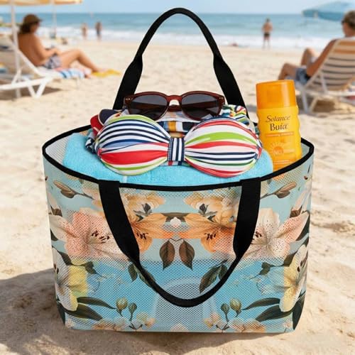 Watercolor Flower Mesh Beach Bag Tote Waterproof Sandproof,Lily Seasonal Botanical Blooms Summer Pool Bag Beach Essential
