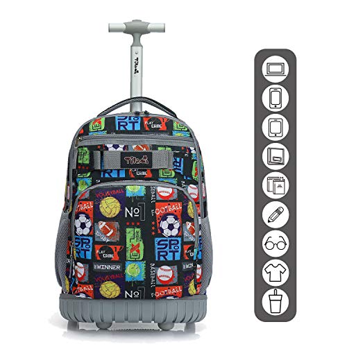 Tilami Rolling Backpack 18 inch Wheeled Laptop Backpack School College Student Travel Trip Boys and Girls, Sport Balls