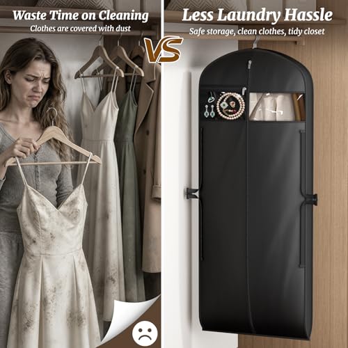 MISSLO 65" Garment Bags for Travel for Women with Loackabe-Self Zipper Waterproof Dress Bags for Gowns Long with Accessories Pockets Wedding Dress Bag Garment Covers for Hanging Clothes, Black