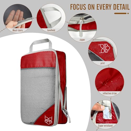 BTBAG 9-Set Packing Cubes with Hanging Bag | 9-Size Combination, Mesh Fabric & Reflective Stripe | Travel Luggage Organizers (Red)