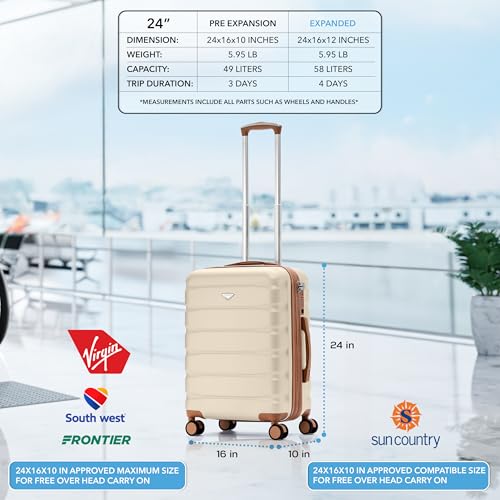 Flight Knight 24x16x10 Expandable Carry On Suitcase Hardside TSA Lock USB C Lightweight Luggage Silent Double Spinner Wheels Maximum Overhead Carry-On Bag For Virgin South West Approved Cream/Tan